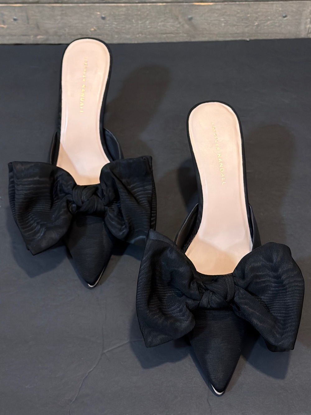 Loeffler Randall Margot Bow Mules Black Moire Pointed Toe Heels Holiday Glam 10